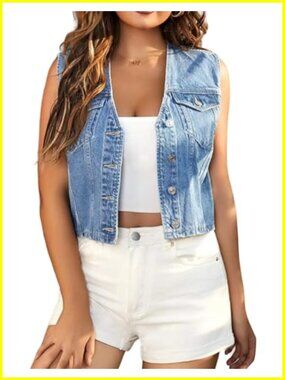 Cropped Denim Vest Casual V Neck Button Down Sleeveless Jean Jacket Waistcoat
